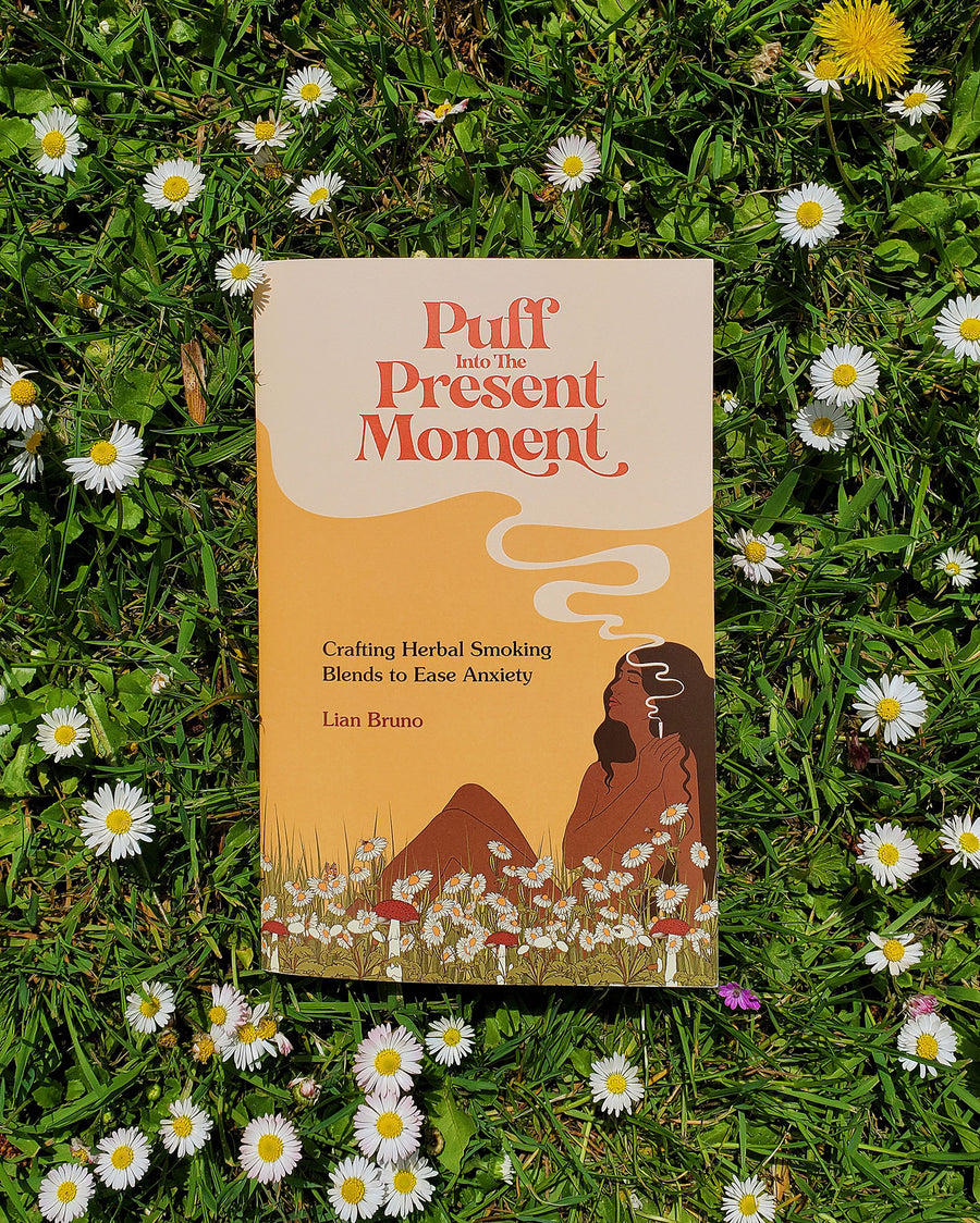 Puff Into The Present Moment - a print zine on crafting herbal smoking blends to ease anxiety